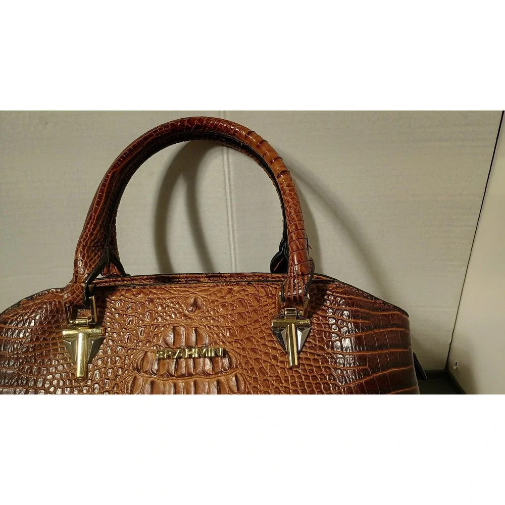 Brahmin Satchel Women Medium Cognac Croc Embossed Leather Gold Hardware